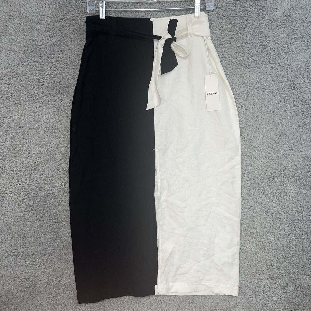 R.G. Kane Skirt Women's Sz L White Black Midi Removable Sash Front Slit Back Zip